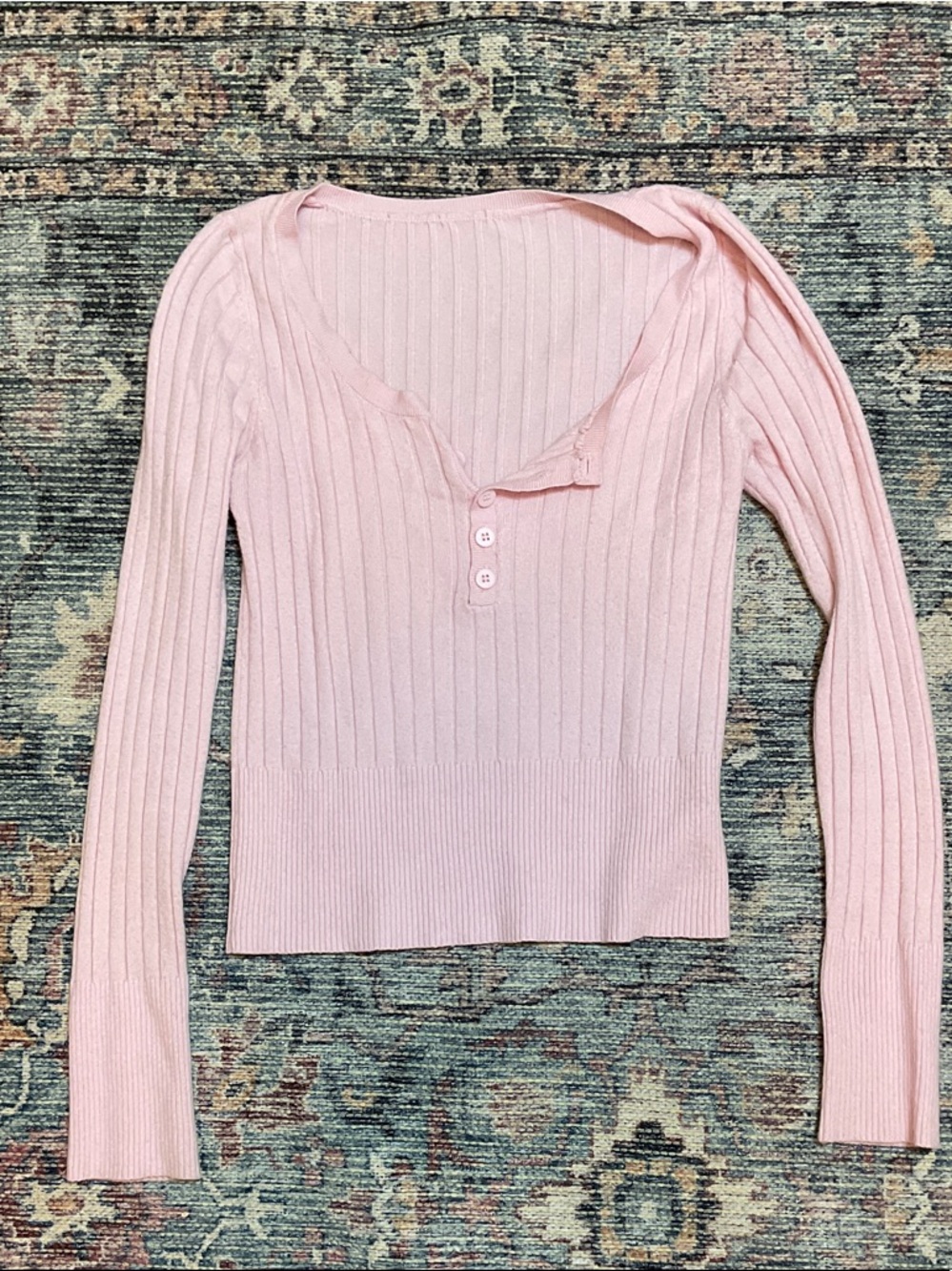 Ribbed Long-Sleeve Henley Top - Light Pink